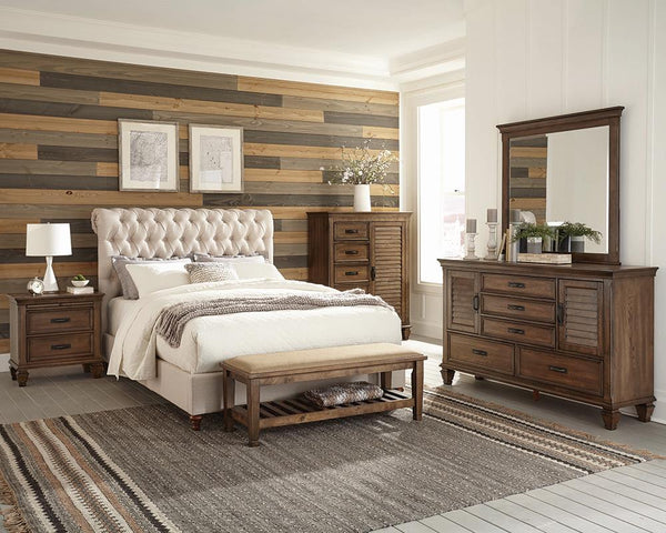 Devon 5-piece Upholstered Full Bedroom Set Beige and Burnished Oak image